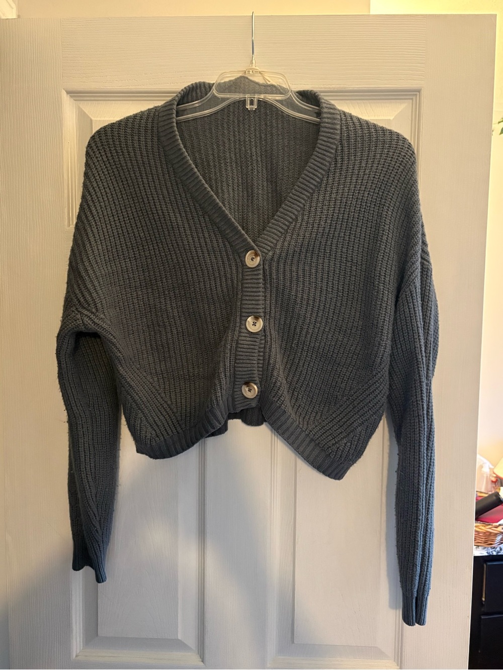 Cropped V-Neck Button Front Sweater Cardigan - Blue Gray